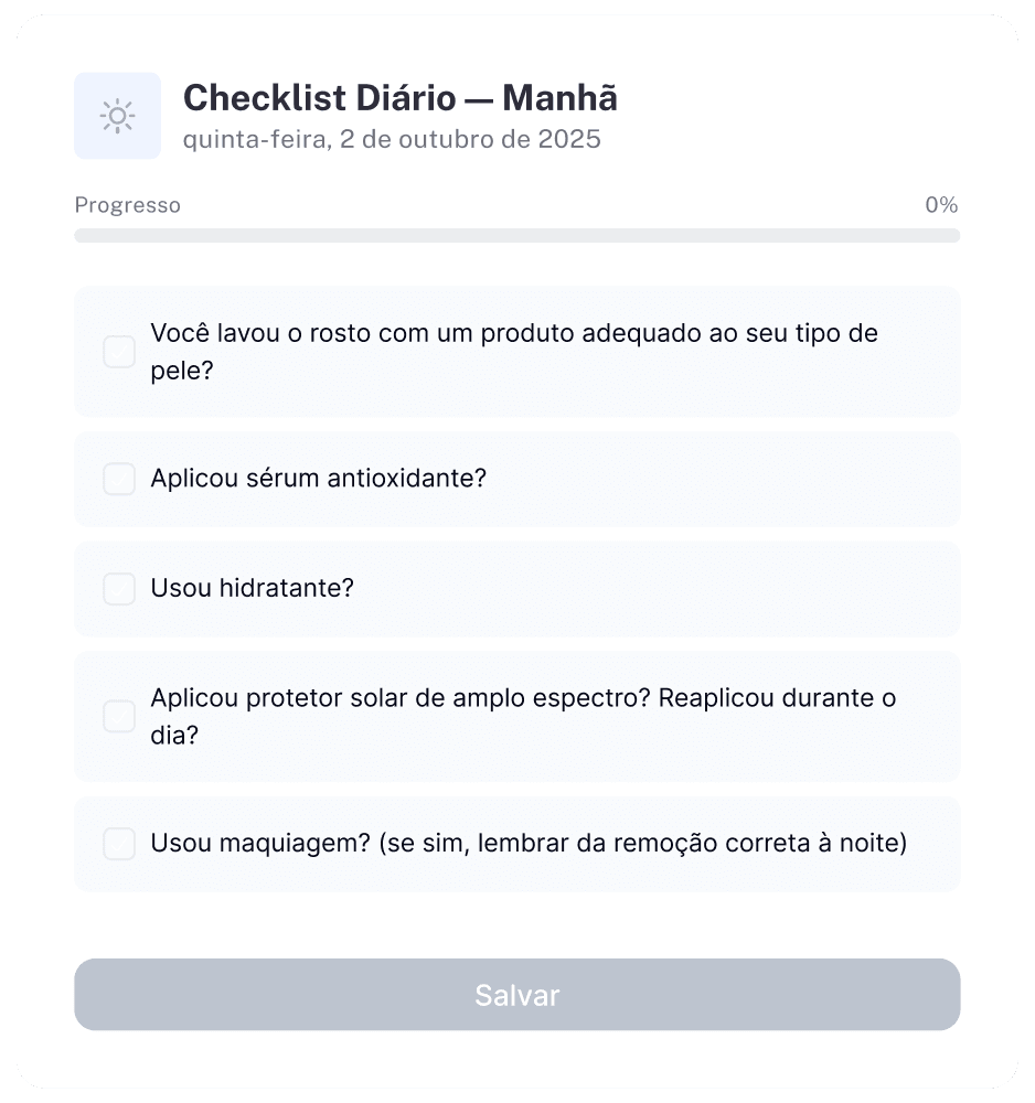 Tela de checklist diário do app Ritos